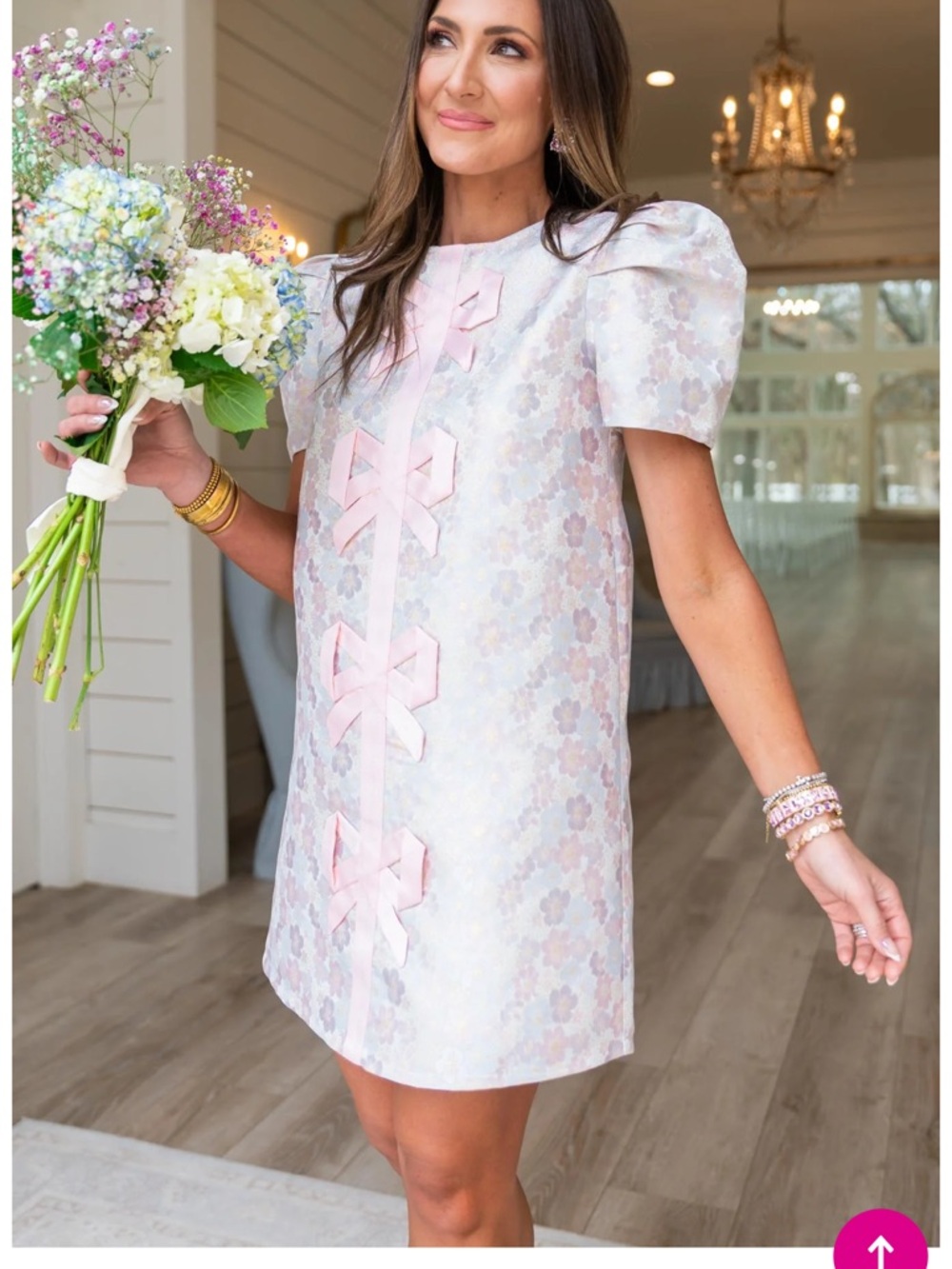 Women's Pink Floral Jacquard Mini Dress with Bow Details - Picture 2 of 3
